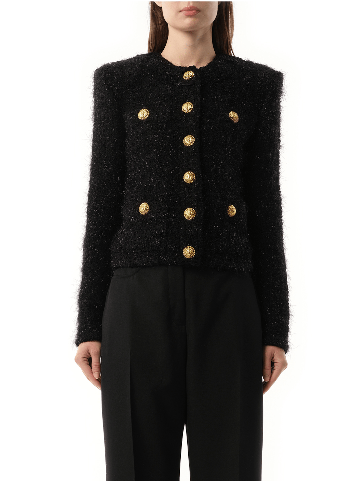 Image of Coats & Jackets. Productname: BALMAIN Buttoned Maze Tweed Jacket in BLACK colour by brand - BALMAIN
