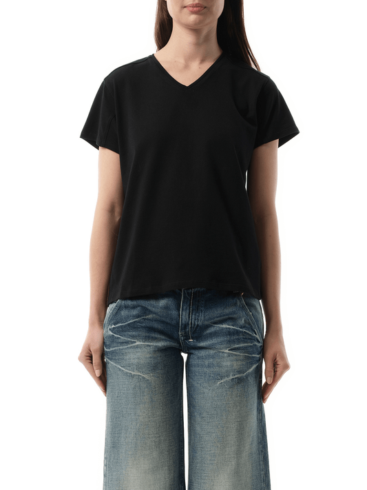 Image of a model wearing Tops. Productname: FAX COPY EXPRESS V-Neck Short Sleeve T-Shirt in BLACK colour by brand - FAX COPY EXPRESS