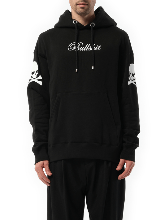 Image of a model wearing Outerwear. Product name - Hoodie in Black colour by brand - MASTERMIND