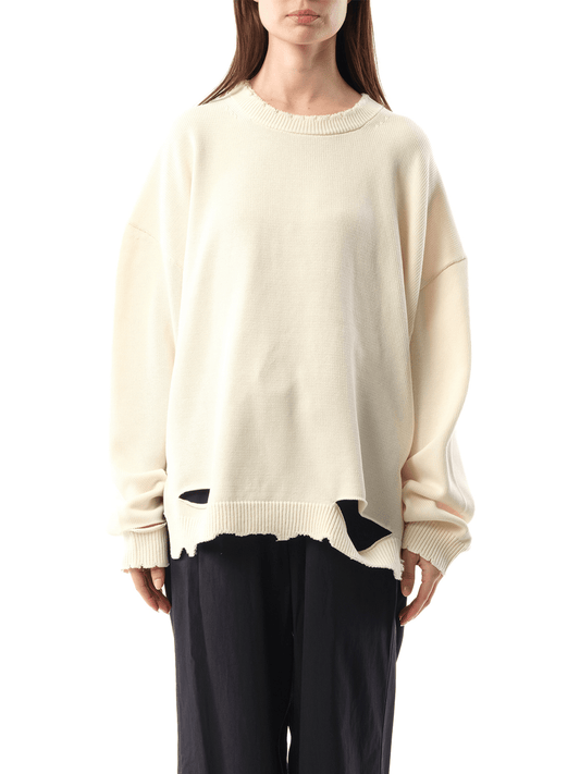 Image of a model wearing Outerwear. Productname: HELMUT LANG Distressed Rib Sweater in WHITE colour by brand - HELMUT LANG