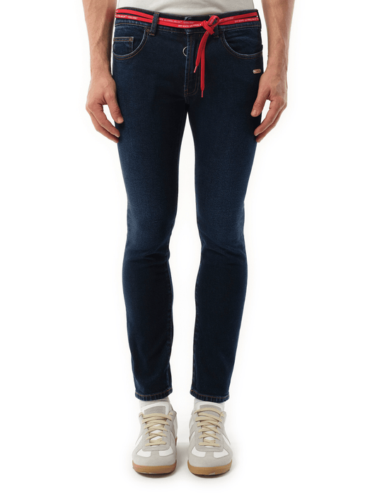 Image of a model wearing Denim. Productname: OFF-WHITE Skinny Jeans in BLUE colour by brand - OFF-WHITE