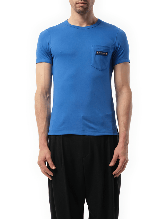 Image of a model wearing Tops. Productname: MASTERMIND Short Sleeve T-Shirt in BLUE colour by brand - MASTERMIND