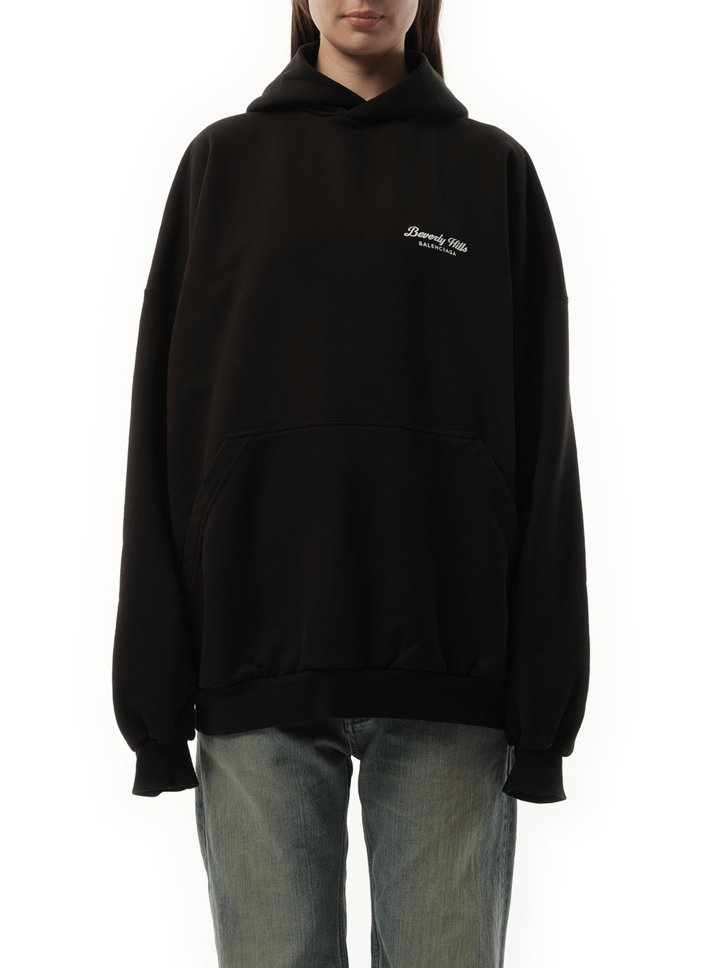 Image of a model wearing Outerwear. Productname: BALENCIAGA Beverly Hills Large Fit Hoodie in Washed Black colour by brand - BALENCIAGA