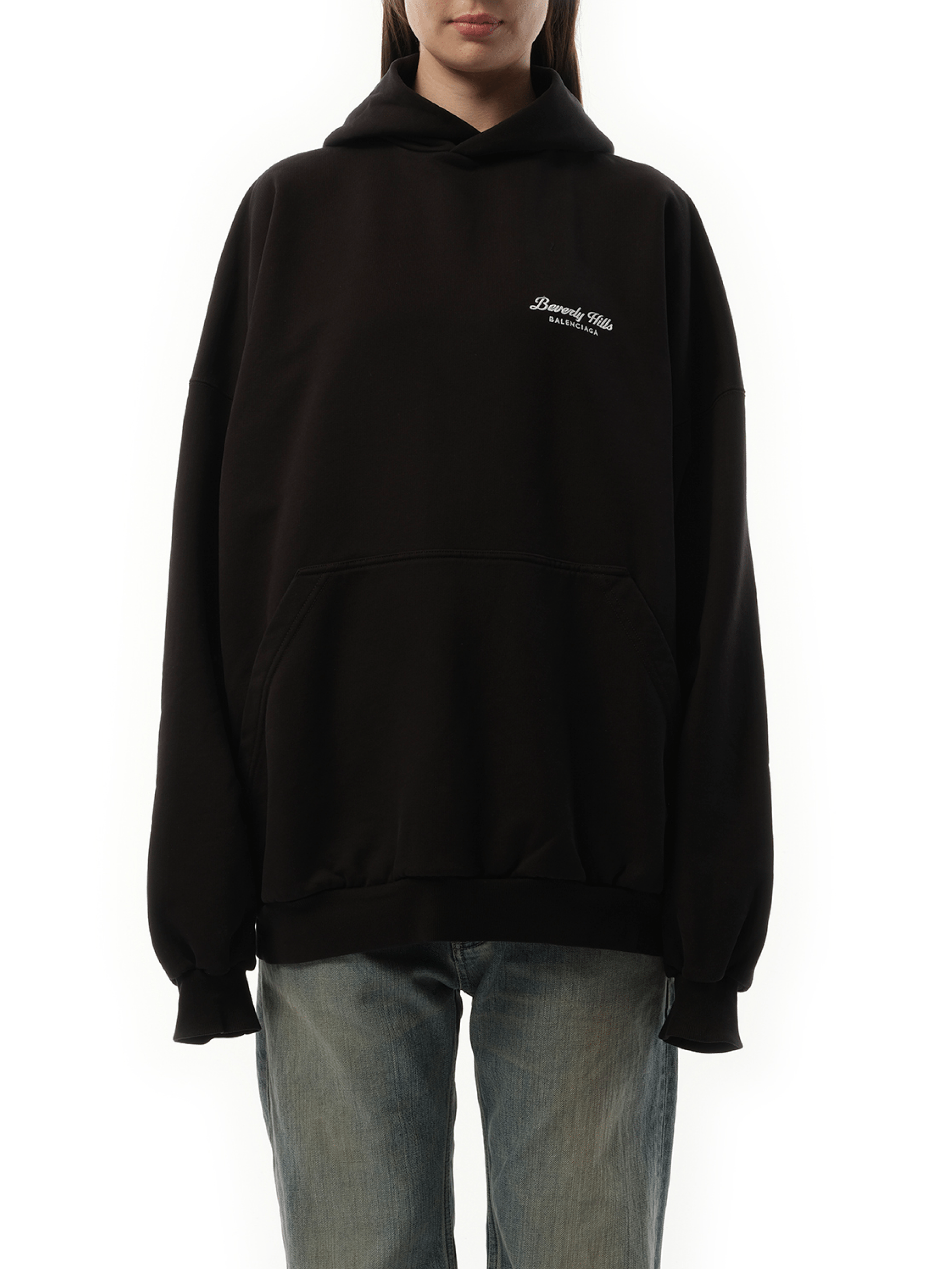 Image of a model wearing Outerwear. Productname: BALENCIAGA Beverly Hills Large Fit Hoodie in Washed Black colour by brand - BALENCIAGA