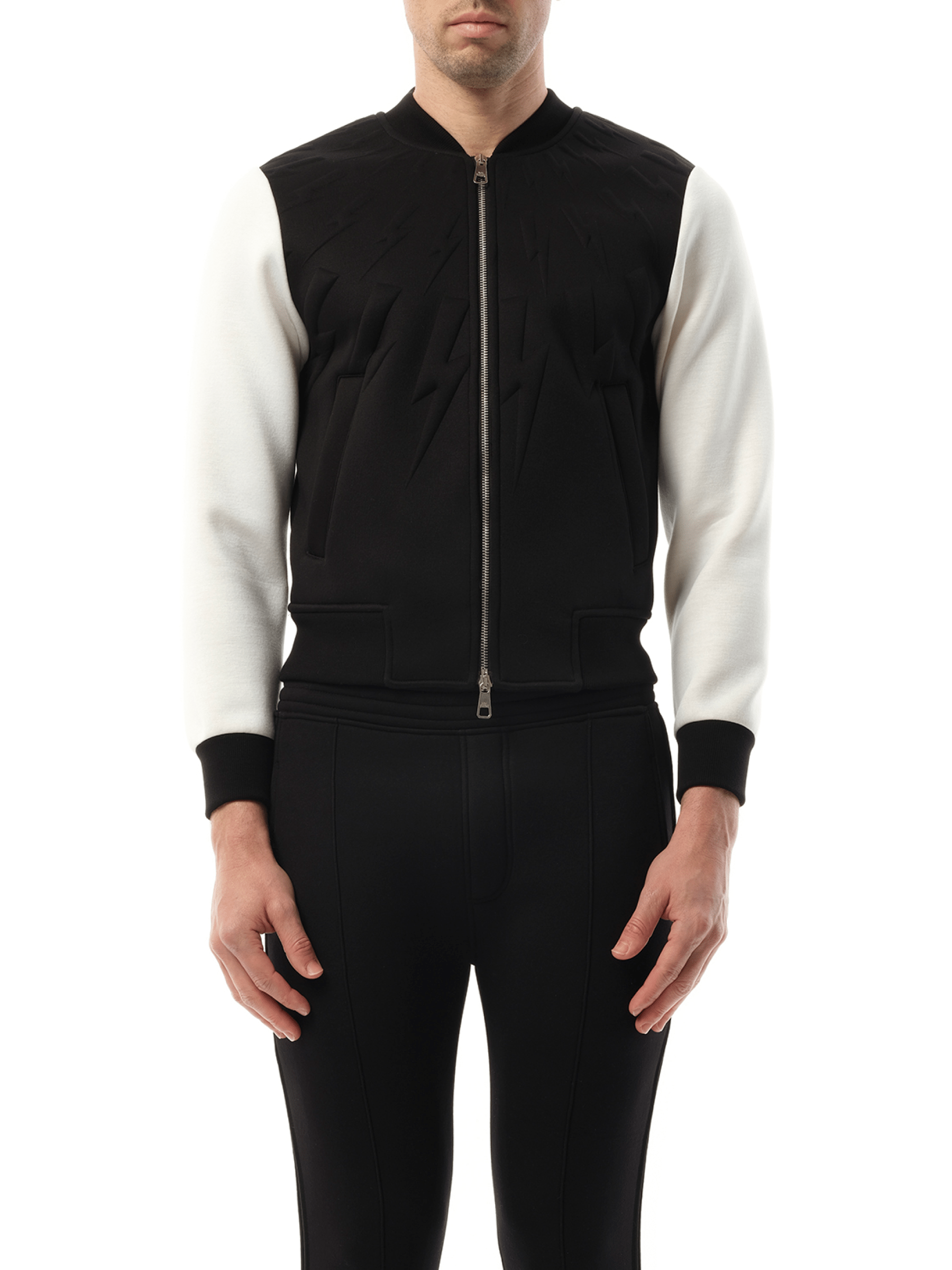 Image of a model wearing Outerwear. Productname: NEIL BARRETT Zip Sweatshirt in BLACK colour by brand - NEIL BARRETT