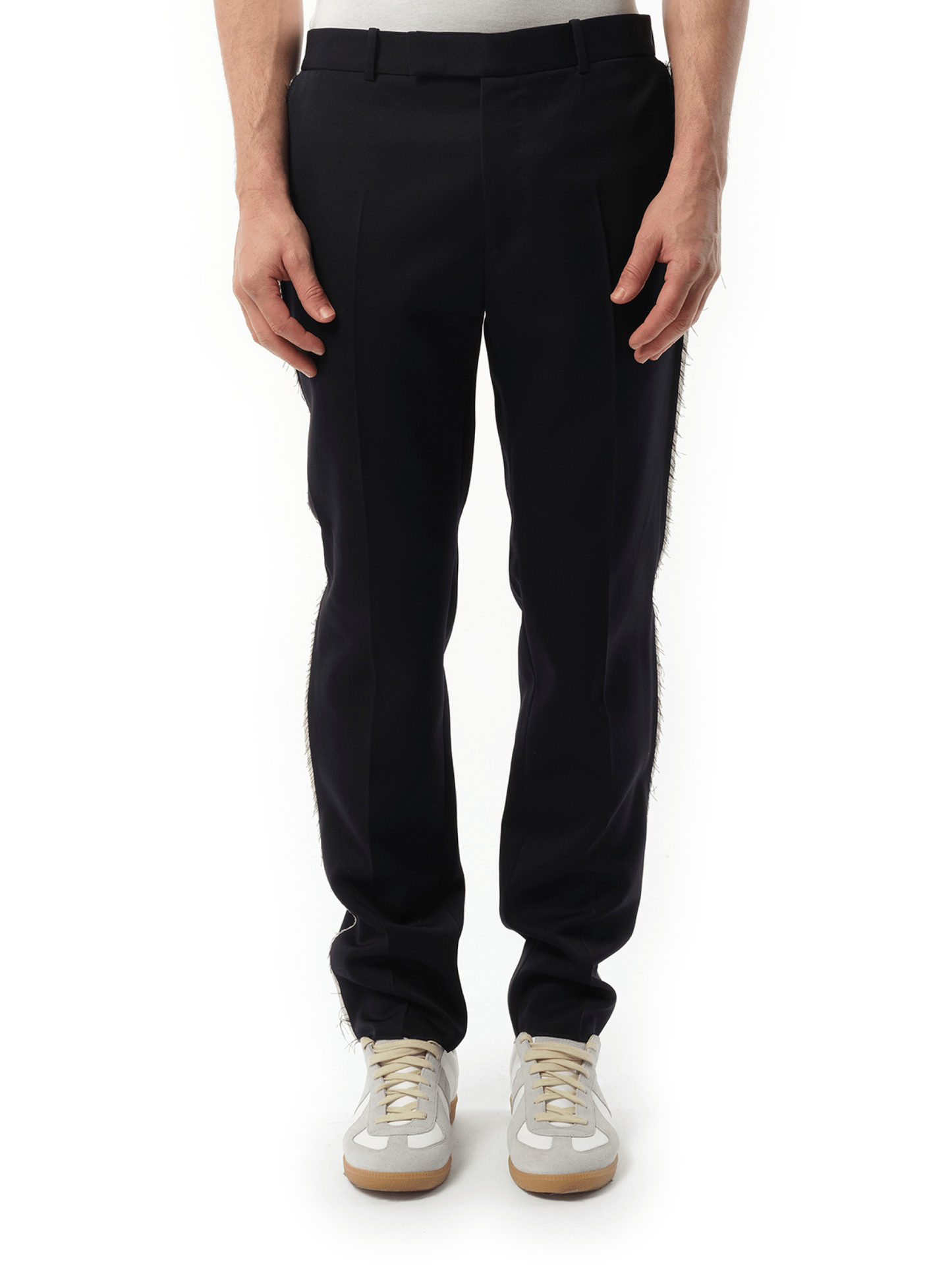 Image of a model wearing Pants. Productname: ALEXANDER MCQUEEN Slim Cut Pants in NAVY colour by brand - ALEXANDER MCQUEEN