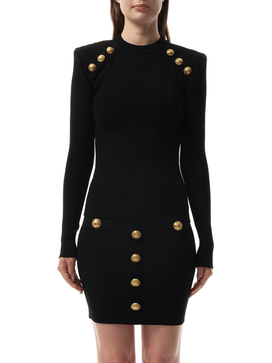 Image of a model wearing Outerwear. Productname: BALMAIN Button-Trimmed Sweater in Black colour by brand - BALMAIN
