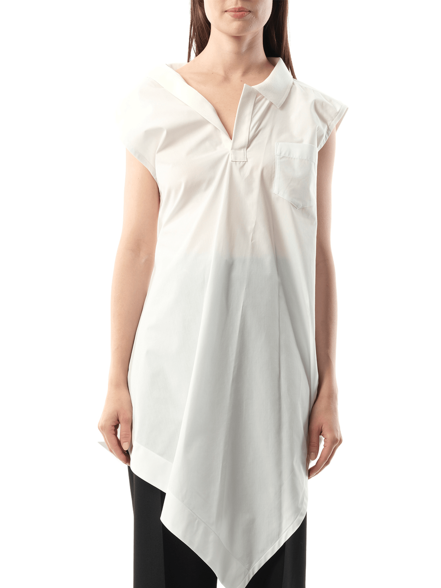 Image of a model wearing Tops. Productname: SACAI Cotton Poplin Polo Shirt in Off White colour by brand - SACAI