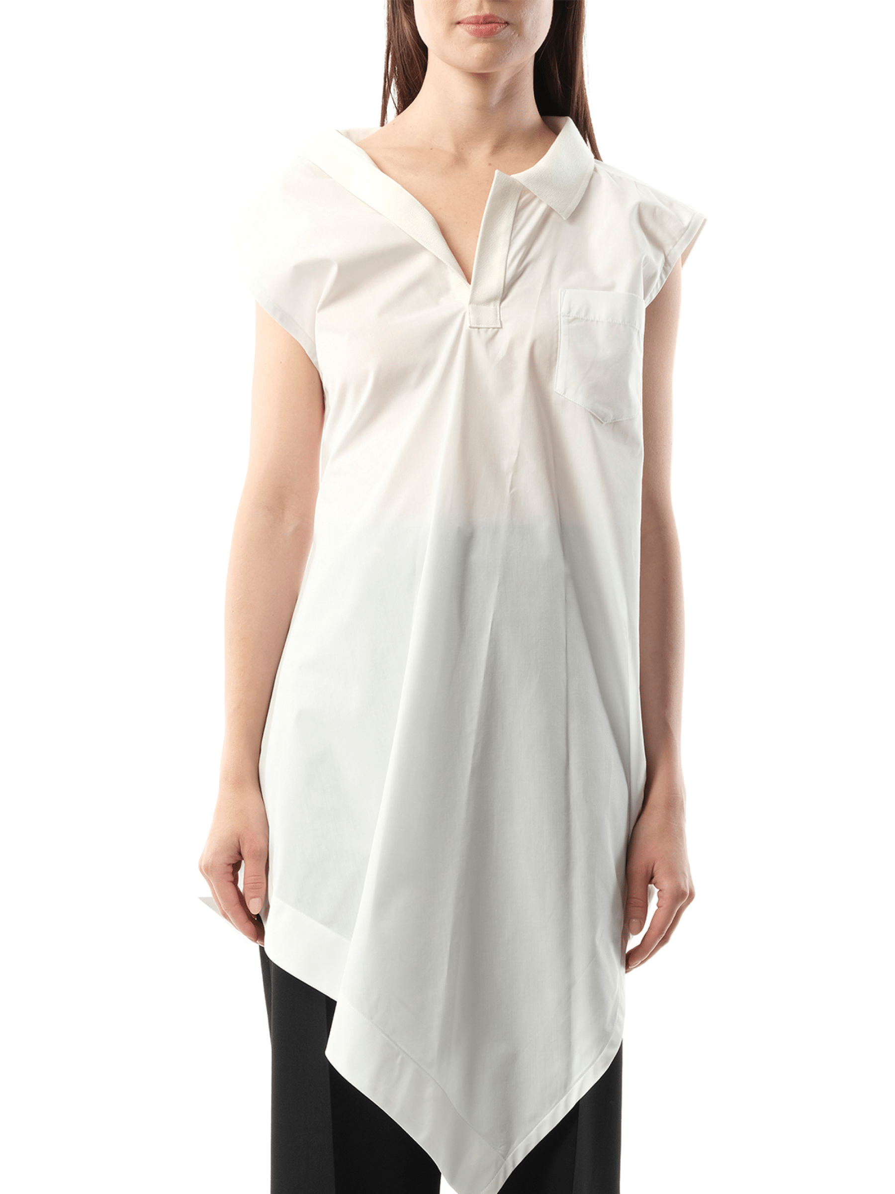 Image of a model wearing Tops. Productname: SACAI Cotton Poplin Polo Shirt in Off White colour by brand - SACAI