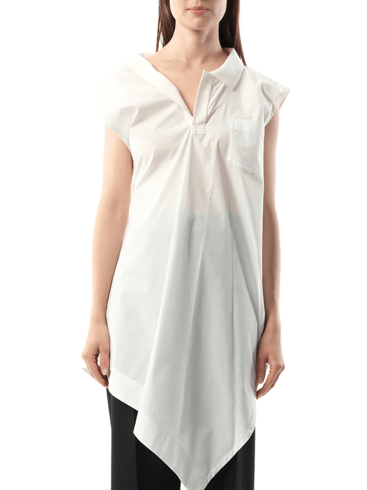 Image of a model wearing Tops. Productname: SACAI Cotton Poplin Polo Shirt in Off White colour by brand - SACAI