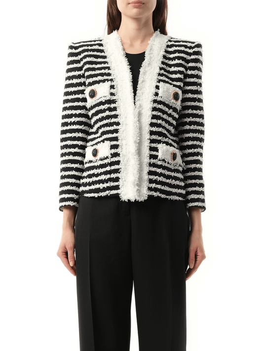 Image of a model wearing Outerwear. Productname: BALMAIN 4PKT Mariniere Tweed Jacket in Black White colour by brand - BALMAIN