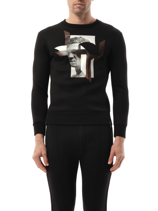 Image of a model wearing Outerwear. Product name - Sweatshirt in Black colour by brand - NEIL BARRETT