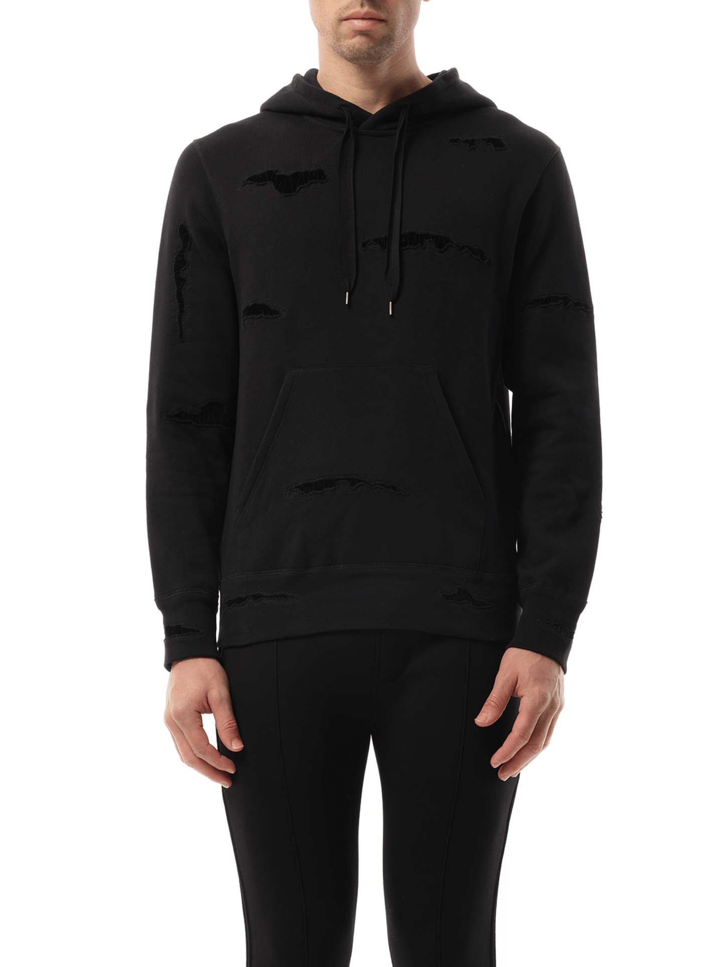 Image of a model wearing Outerwear. Productname: ALEXANDER MCQUEEN Shredded Hoodie in BLACK colour by brand - ALEXANDER MCQUEEN