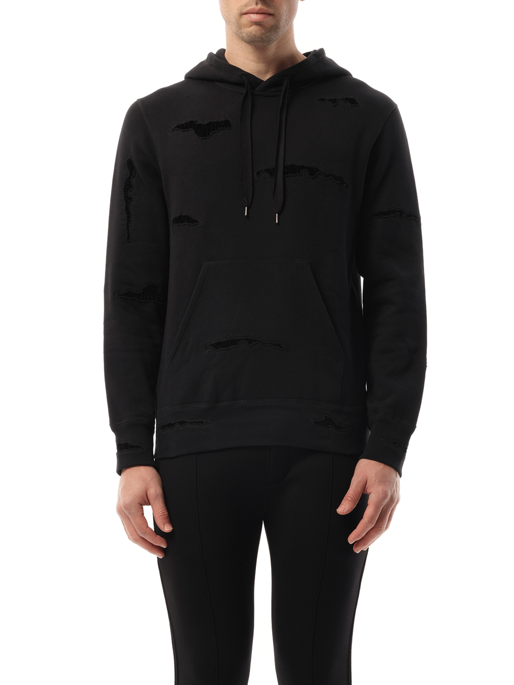 Image of a model wearing Outerwear. Productname: ALEXANDER MCQUEEN Shredded Hoodie in BLACK colour by brand - ALEXANDER MCQUEEN