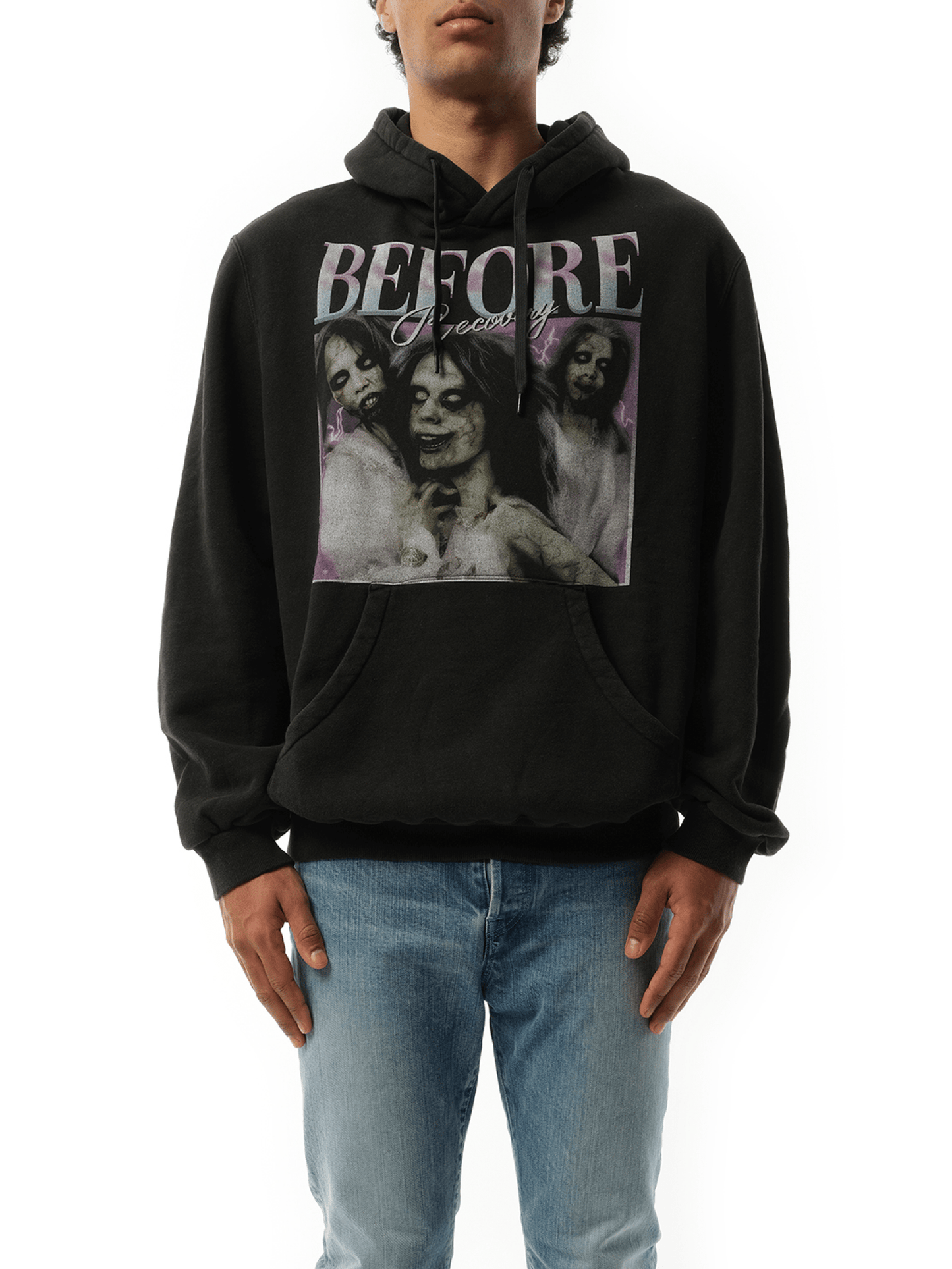 Image of a model wearing Outerwear. Productname: DOUBLET Before After Idol Hoodie in BLACK colour by brand - DOUBLET