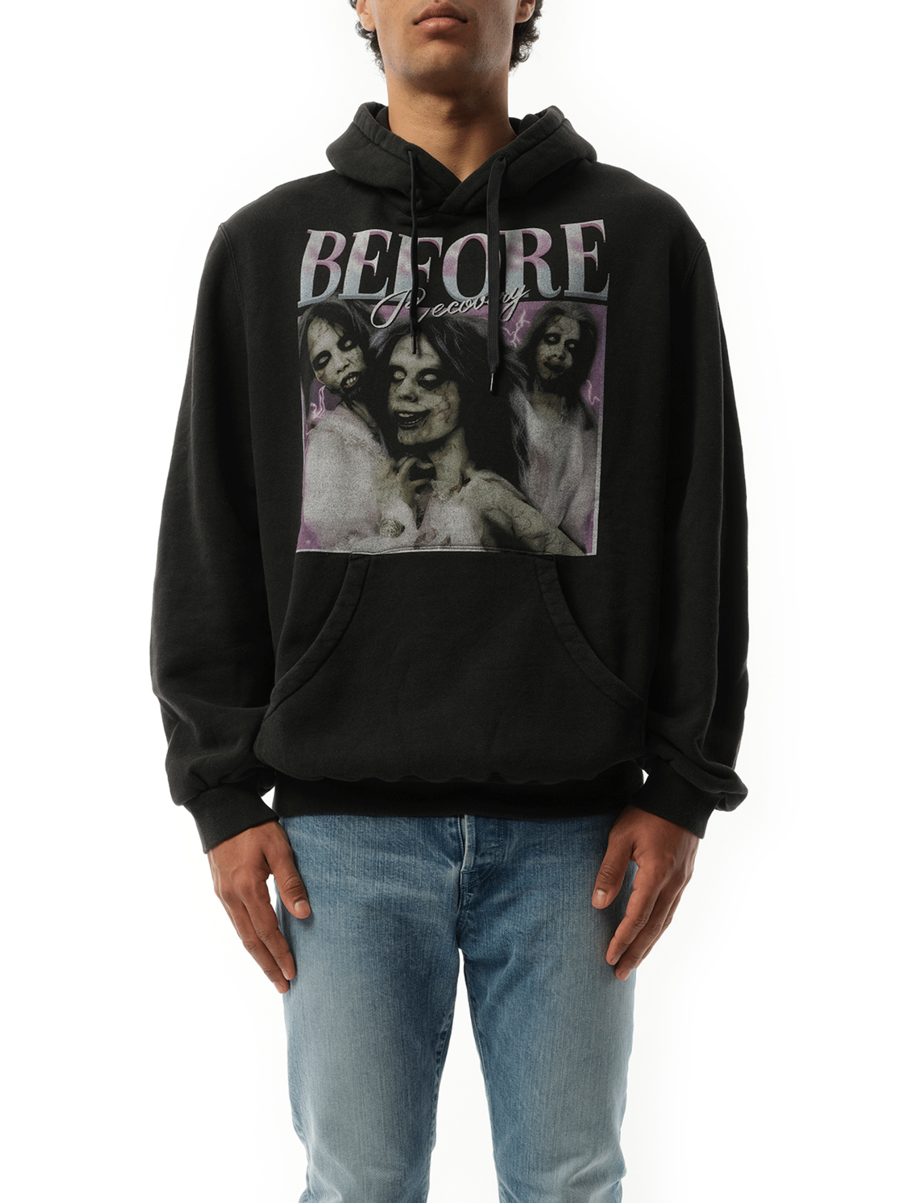 Image of a model wearing Outerwear. Productname: DOUBLET Before After Idol Hoodie in BLACK colour by brand - DOUBLET