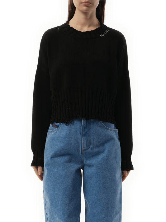 Image of a model wearing Outerwear. Productname: MARNI Distressed Cropped Sweater in BLACK colour by brand - MARNI
