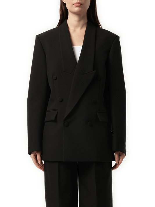 Image of a model wearing Outerwear. Productname: COPERNI Double Breasted Tailored Jacket in Black colour by brand - COPERNI
