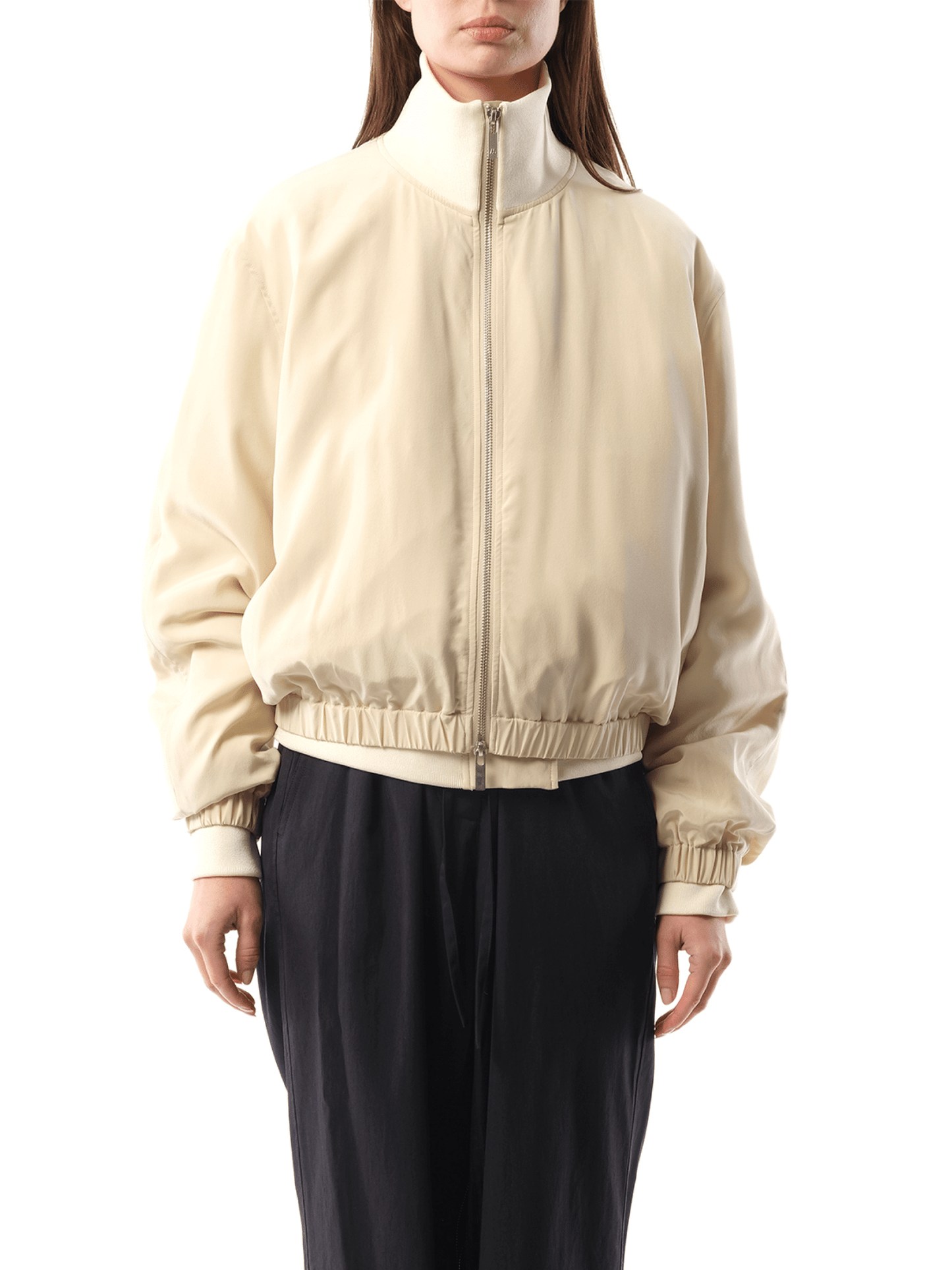 Image of Coats & Jackets. Product name - Silk Zip Bomber Jacket in Brown colour by brand - HELMUT LANG