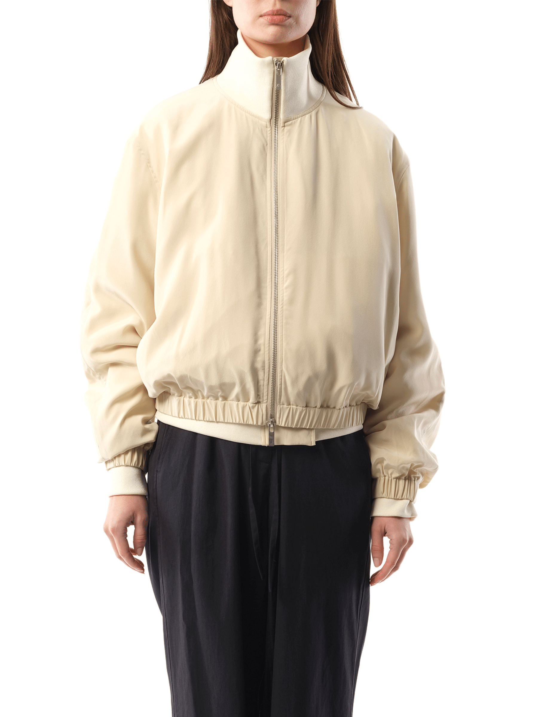 Image of Coats & Jackets. Product name - Silk Zip Bomber Jacket in Brown colour by brand - HELMUT LANG