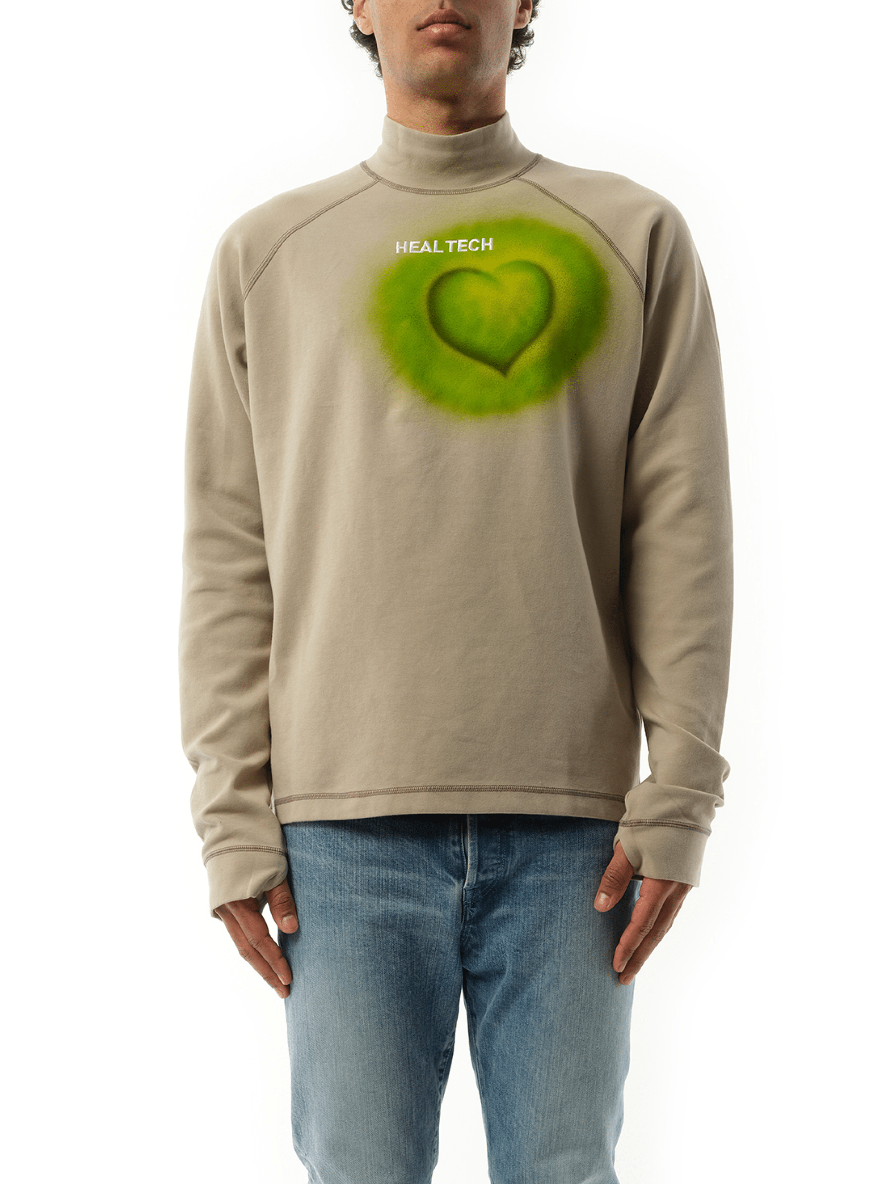 Image of a model wearing Outerwear. Productname: DOUBLET Healtech Airbrush High Neck in GREEN colour by brand - DOUBLET