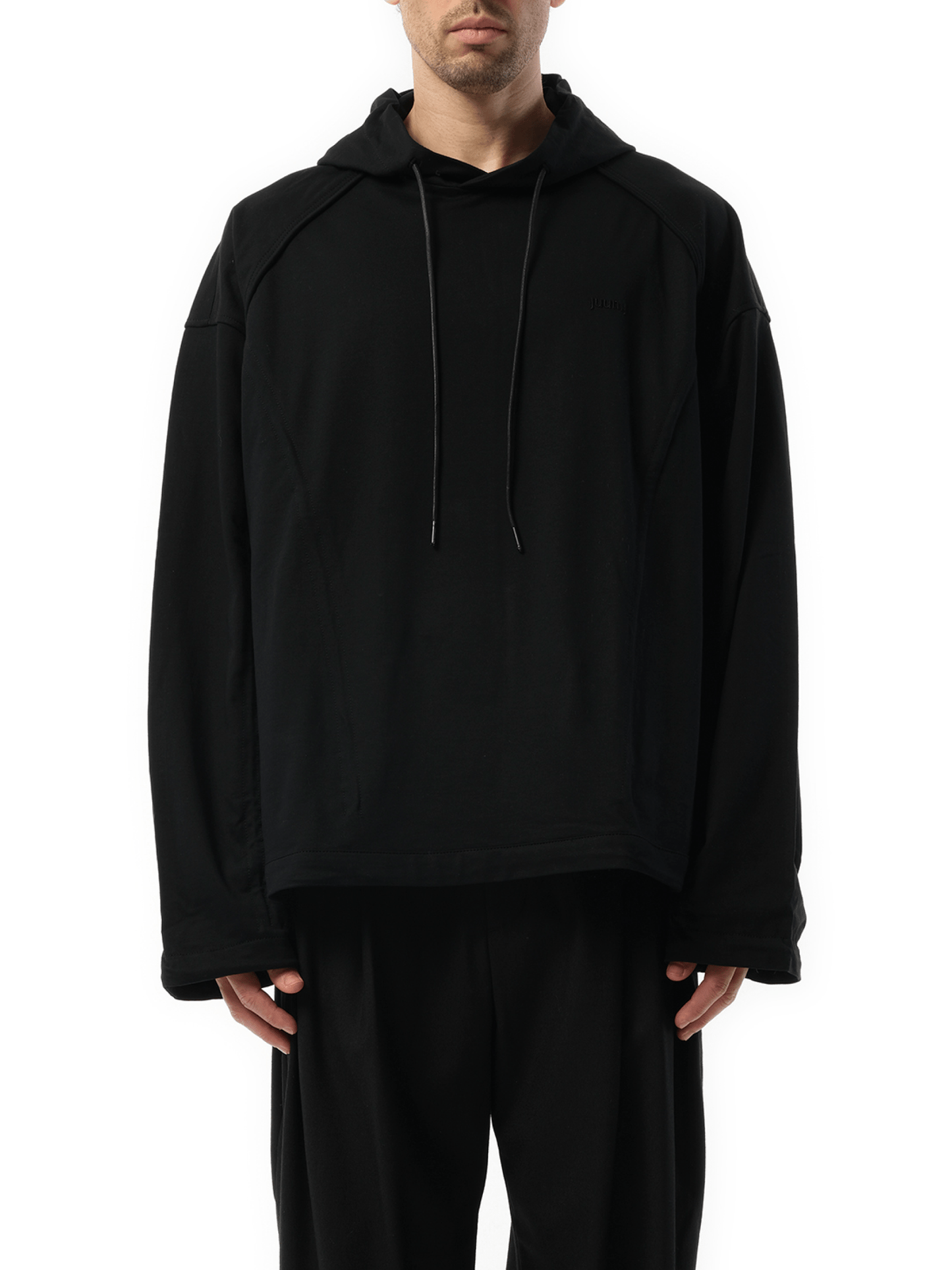 Image of a model wearing Outerwear. Productname: JUUNJ Multi String Over Hoodie in BLACK colour by brand - JUUNJ