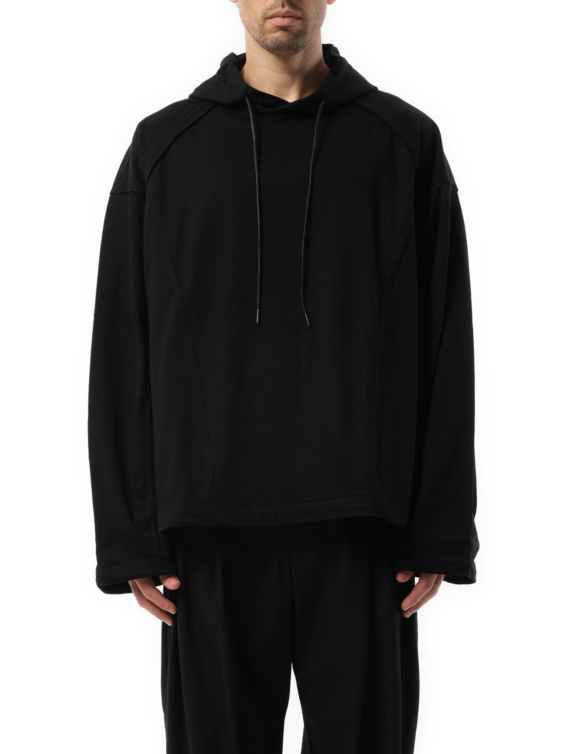 Image of a model wearing Outerwear. Productname: JUUNJ Multi String Over Hoodie in BLACK colour by brand - JUUNJ