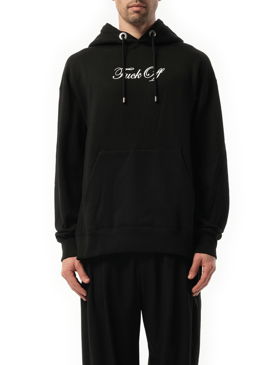 Image of a model wearing Outerwear. Product name - Hoodie in Black colour by brand - MASTERMIND