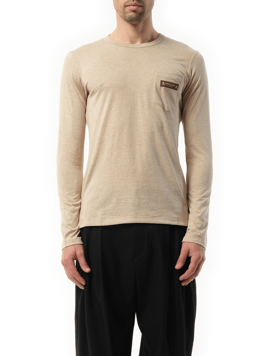 Image of a model wearing Tops. Productname: MASTERMIND Long Sleeve T-Shirt in BEIGE colour by brand - MASTERMIND