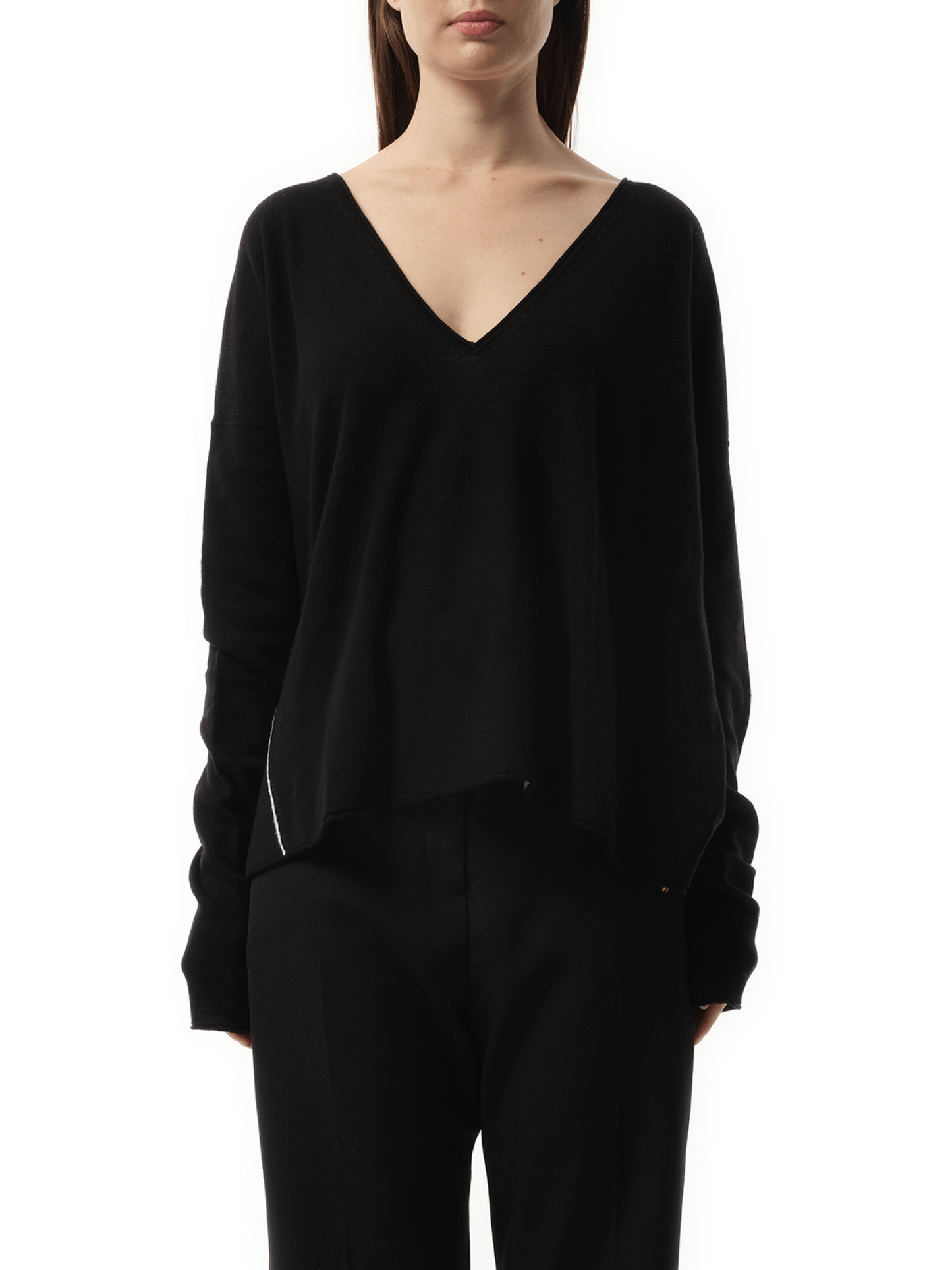 Image of a model wearing Outerwear. Productname: FAX COPY EXPRESS Double-sided V Neckline Sweater in BLACK colour by brand - FAX COPY EXPRESS