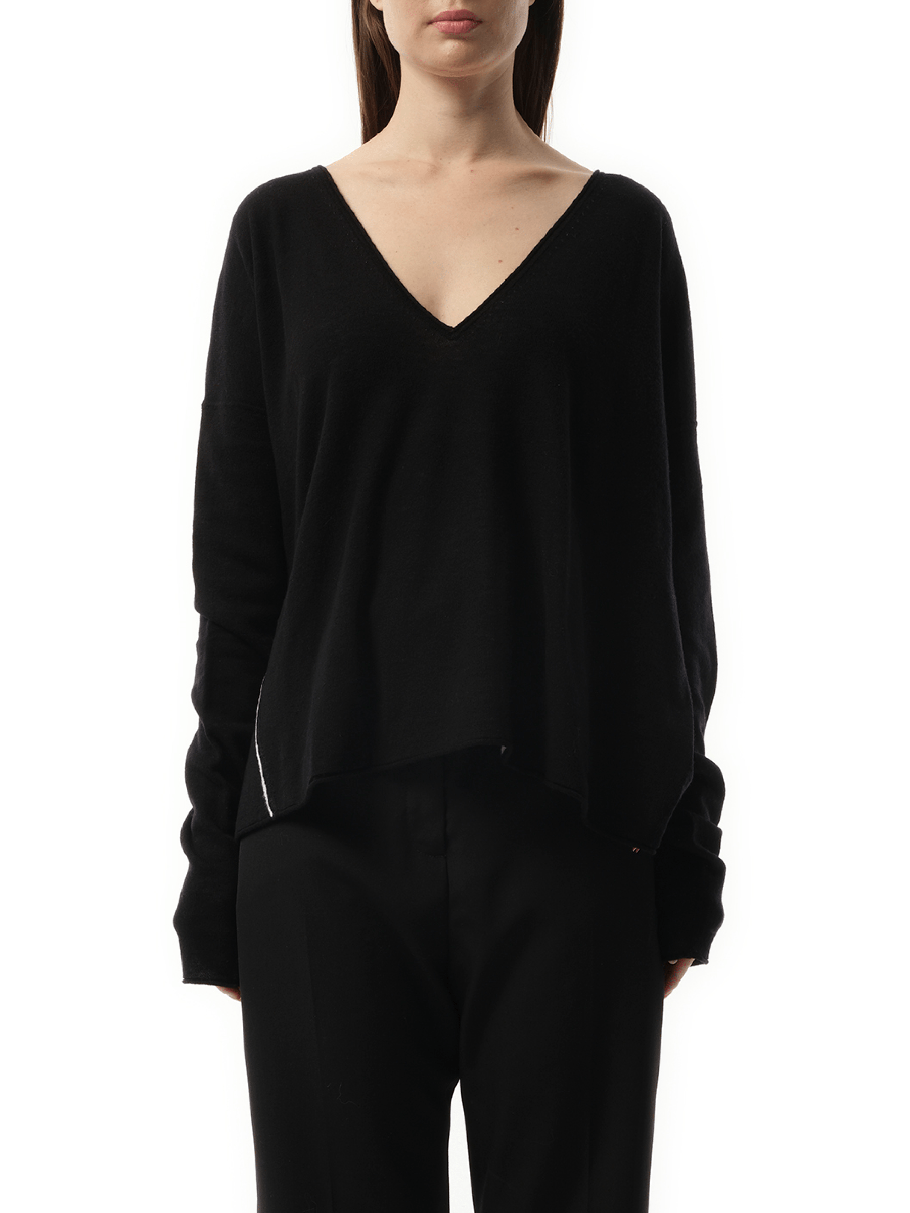 Image of a model wearing Outerwear. Productname: FAX COPY EXPRESS Double-sided V Neckline Sweater in BLACK colour by brand - FAX COPY EXPRESS
