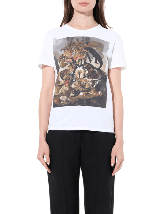 Image of a model wearing Tops. Productname: ALEXANDER MCQUEEN Hidden Logo T-Shirt in White colour by brand - ALEXANDER MCQUEEN