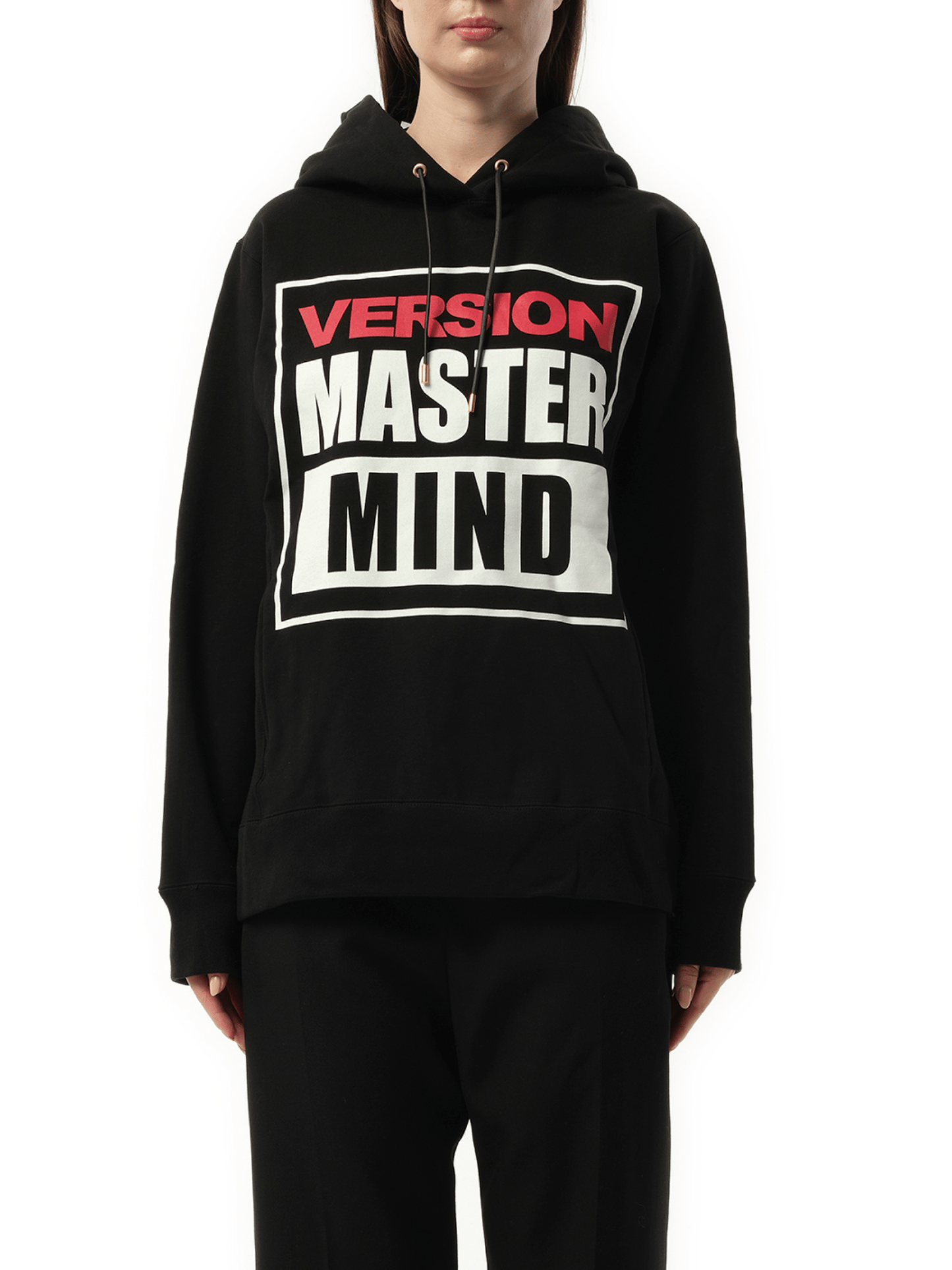 Image of a model wearing Outerwear. Product name - Hoodie in Black colour by brand - MASTERMIND
