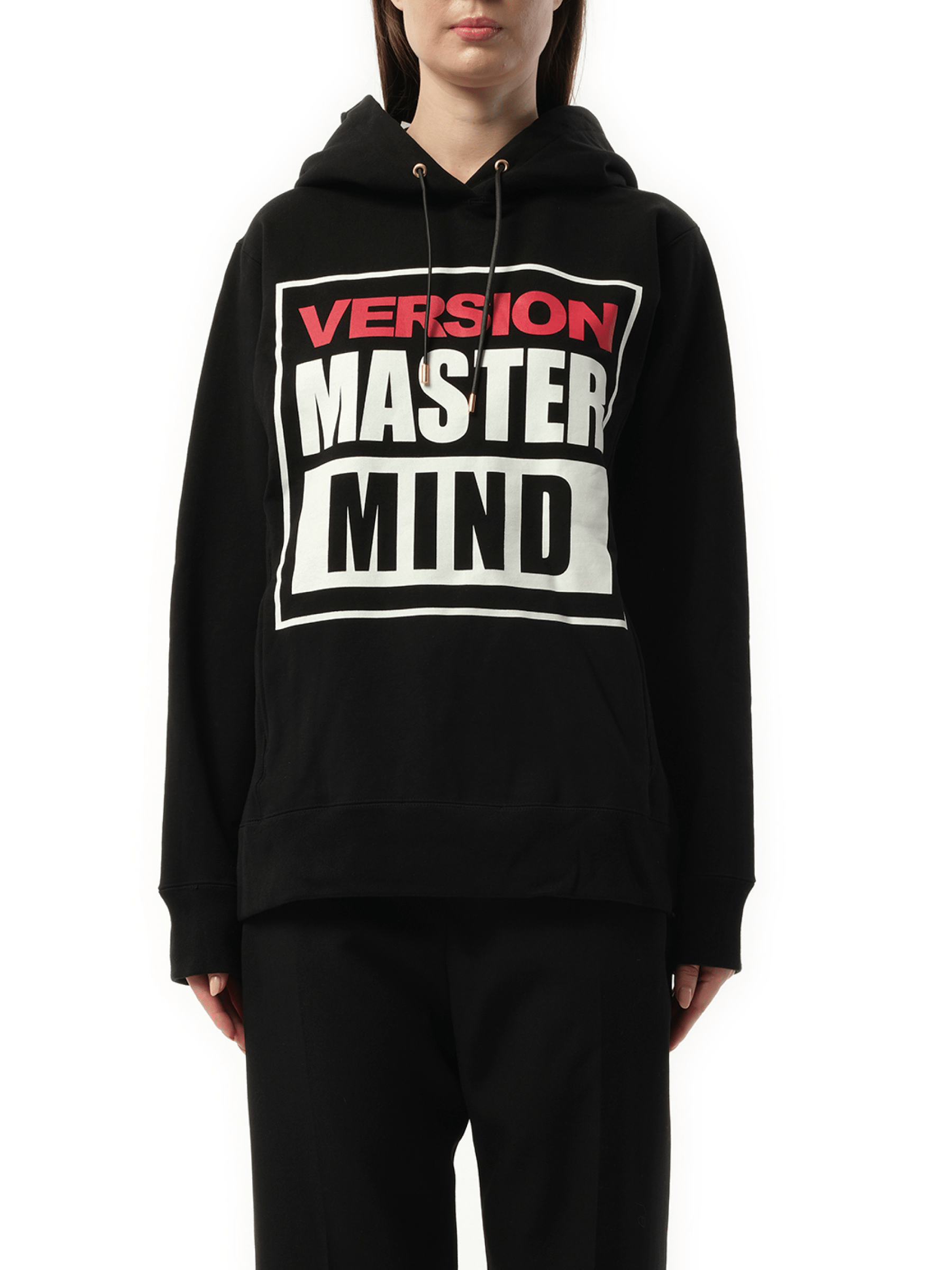Image of a model wearing Outerwear. Product name - Hoodie in Black colour by brand - MASTERMIND