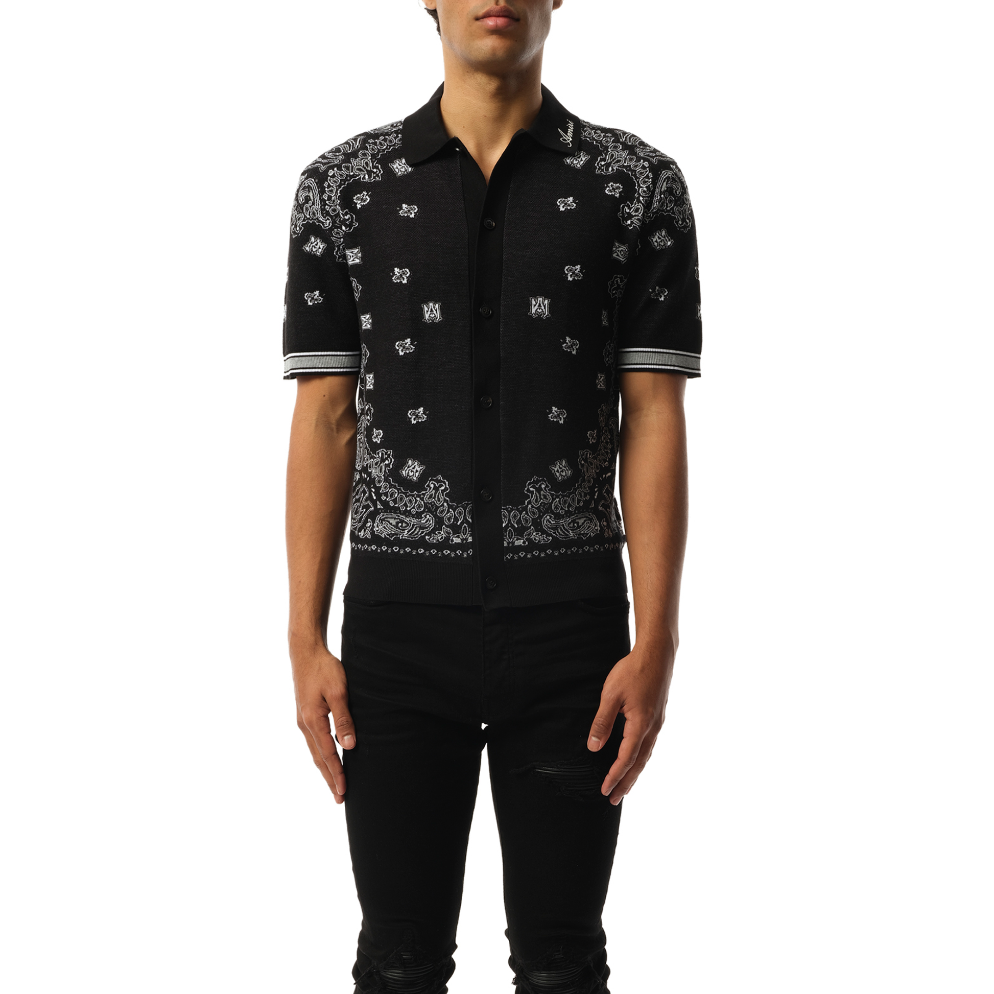 Image of a model wearing Tops. Productname: AMIRI Bandana Polo in Black colour by brand - AMIRI