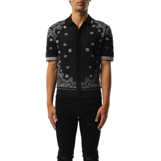 Image of a model wearing Tops. Productname: AMIRI Bandana Polo in Black colour by brand - AMIRI