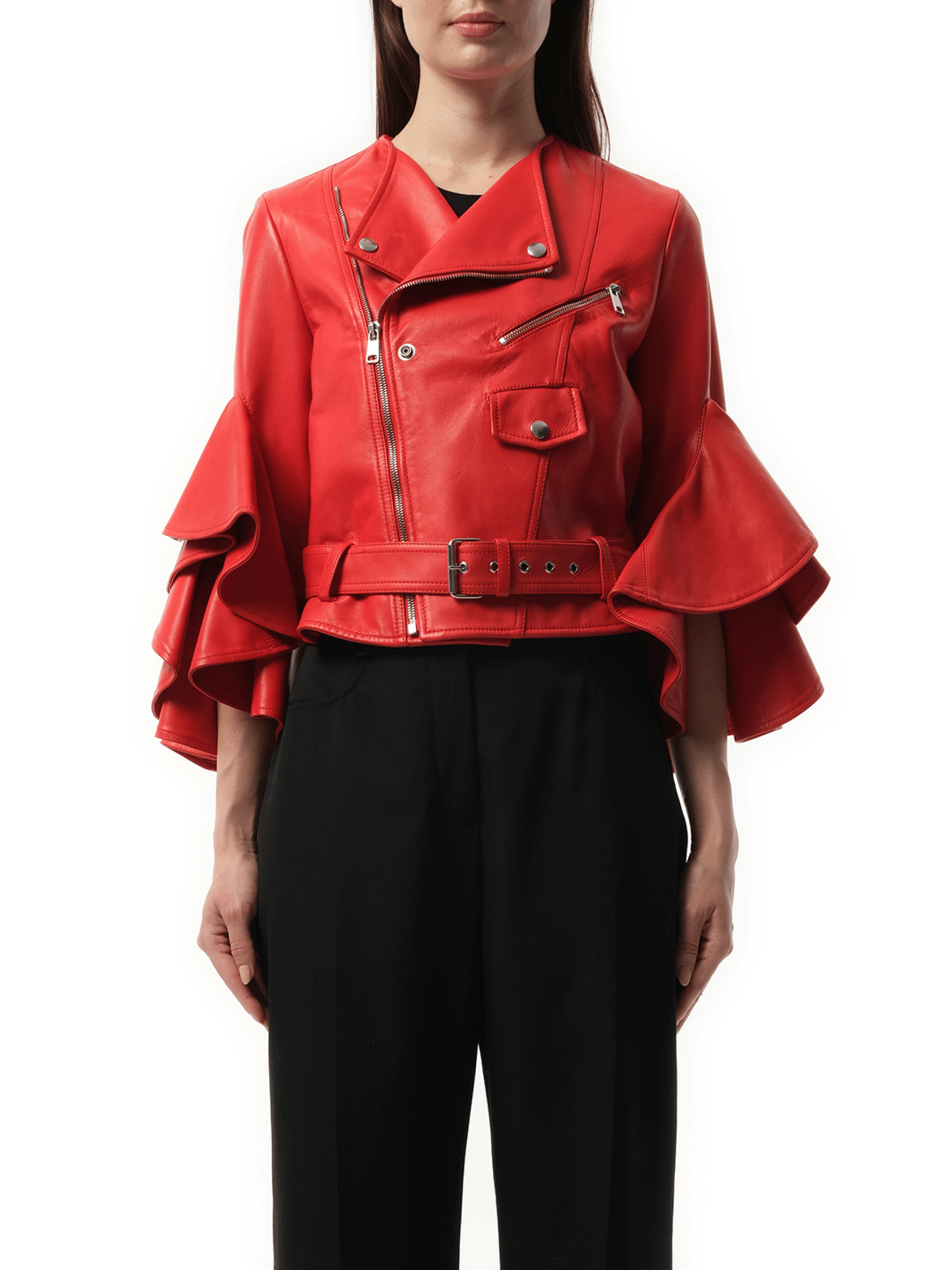 Image of a model wearing Outerwear. Productname: ALEXANDER MCQUEEN Leather Jacket in Red colour by brand - ALEXANDER MCQUEEN