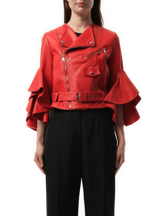 Image of a model wearing Outerwear. Productname: ALEXANDER MCQUEEN Leather Jacket in Red colour by brand - ALEXANDER MCQUEEN