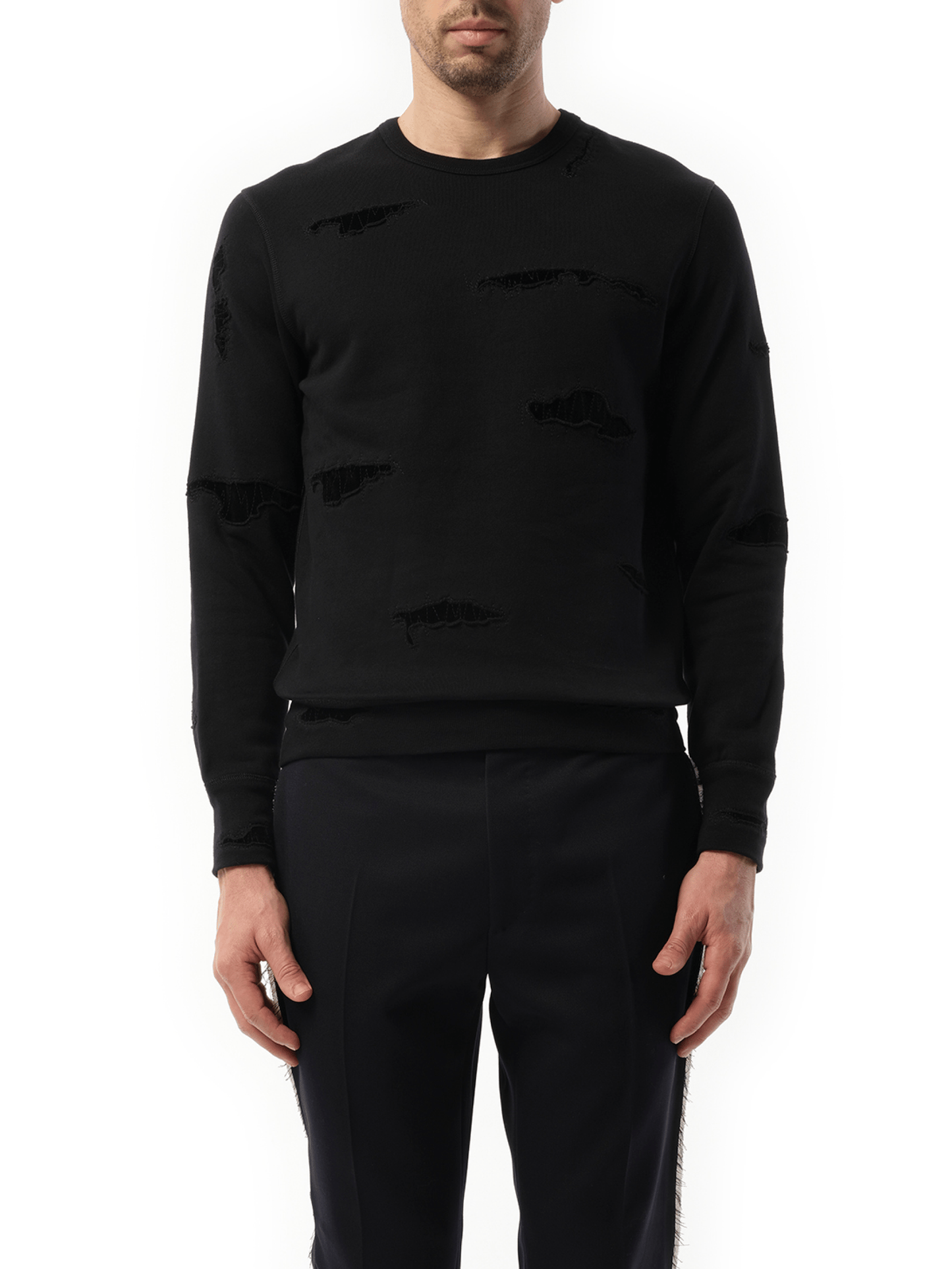 Image of a model wearing Outerwear. Productname: ALEXANDER MCQUEEN Shredded Sweatshirt in BLACK colour by brand - ALEXANDER MCQUEEN