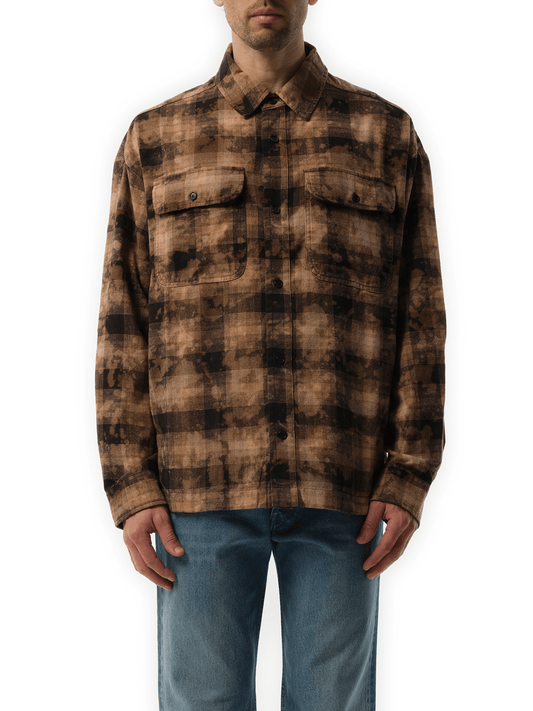Image of a model wearing Tops. Productname: PALM ANGELS Long Sleeve Curved Logo Check Shirt in BROWN colour by brand - PALM ANGELS