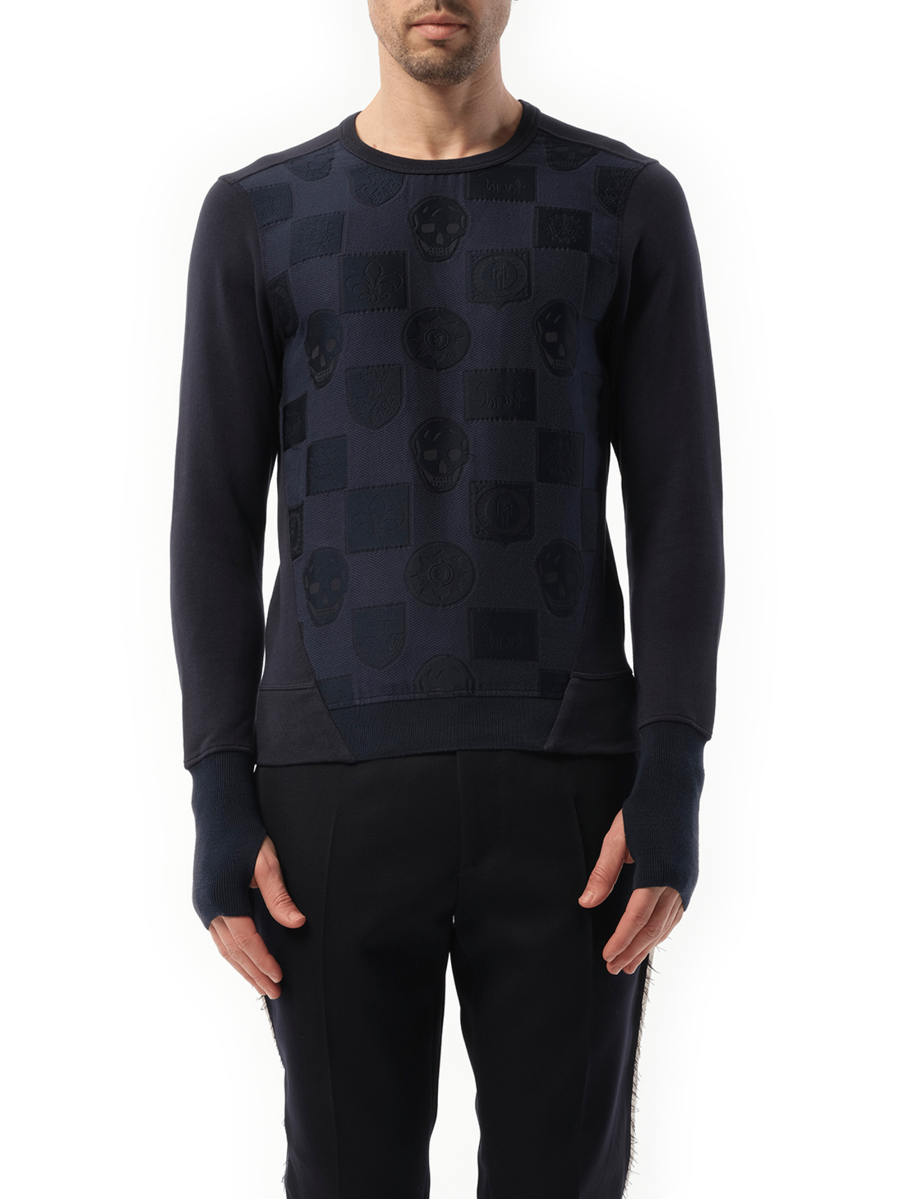 Image of a model wearing Outerwear. Productname: ALEXANDER MCQUEEN Jacquard Front Sweatshirt in NAVY colour by brand - ALEXANDER MCQUEEN