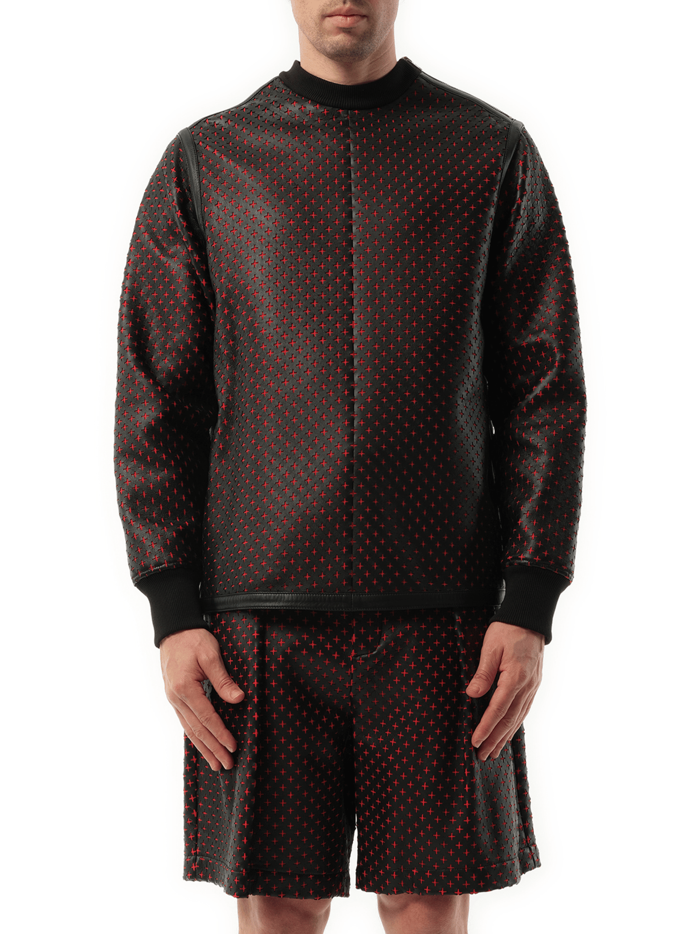 Image of a model wearing Outerwear. Productname: GIVENCHY Leather Sweatshirt in BLACK colour by brand - GIVENCHY