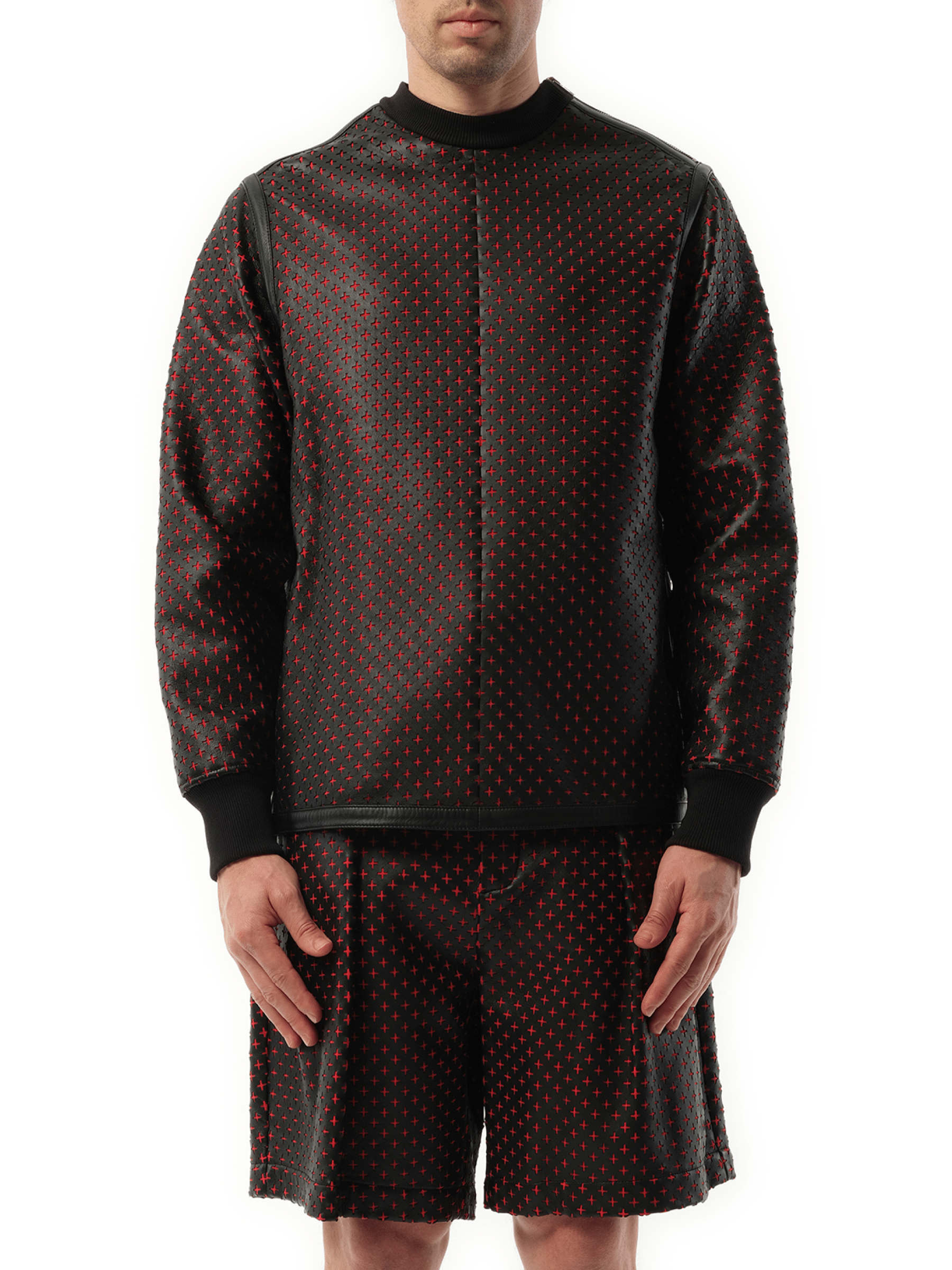 Image of a model wearing Outerwear. Productname: GIVENCHY Leather Sweatshirt in BLACK colour by brand - GIVENCHY