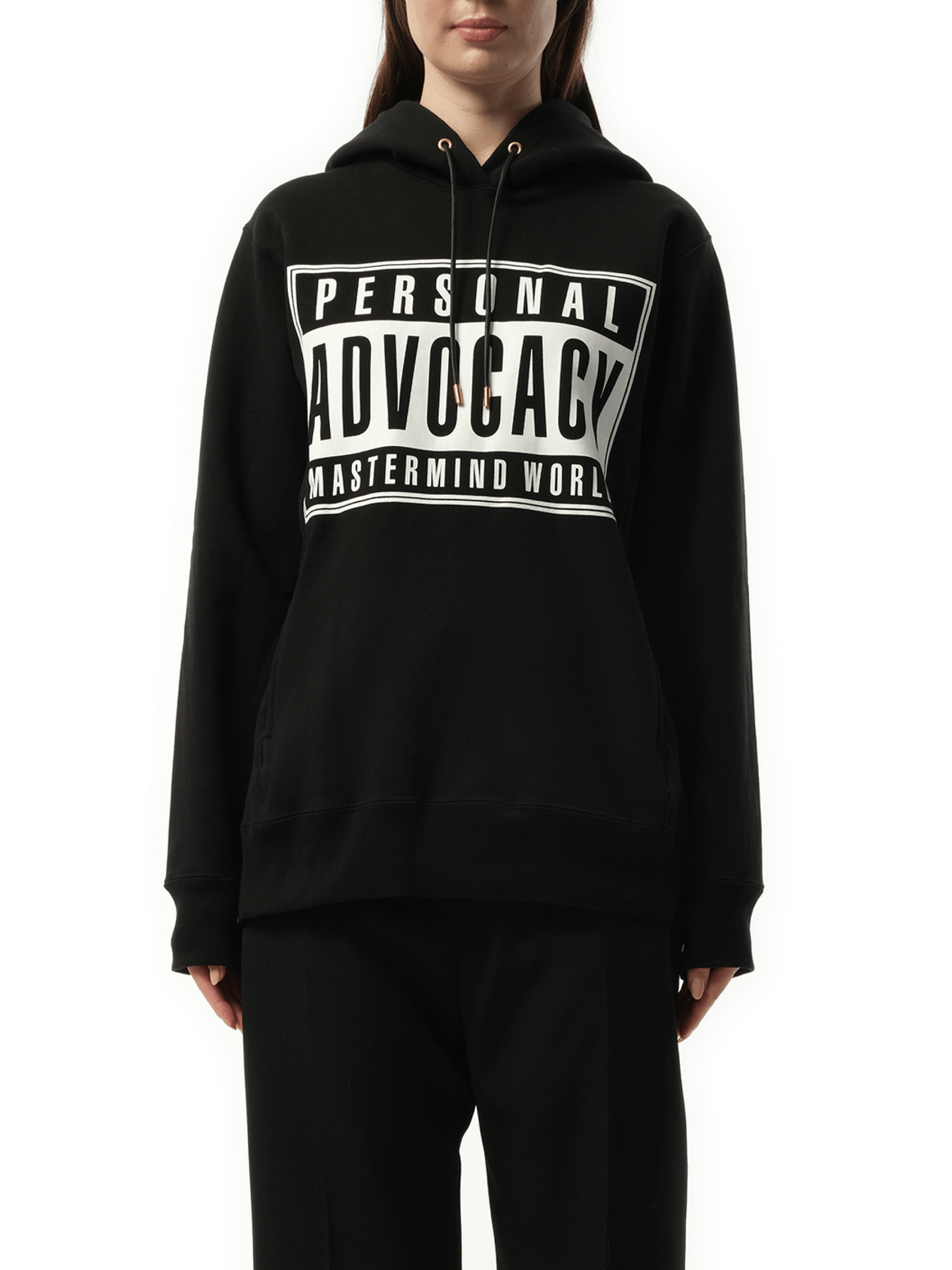 Image of a model wearing Outerwear. Product name - Hoodie in Black colour by brand - MASTERMIND