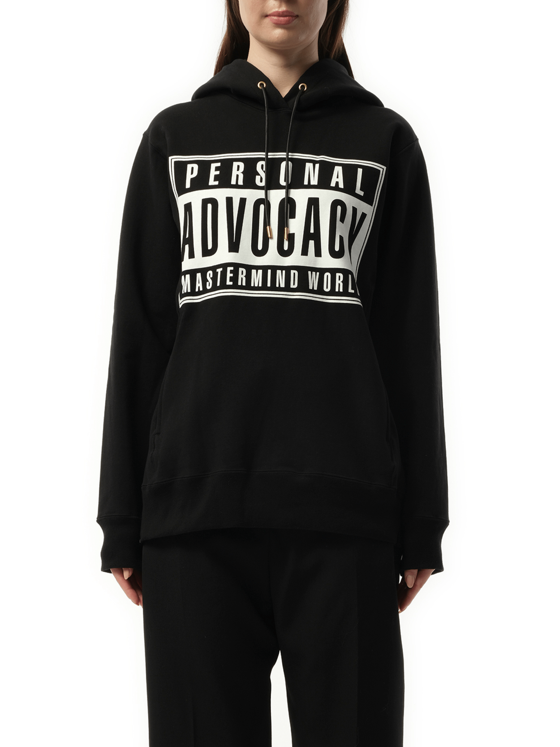 Image of a model wearing Outerwear. Product name - Hoodie in Black colour by brand - MASTERMIND