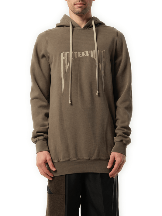 Image of a model wearing Outerwear. Productname: RICK OWENS Porterville Embroidered Hoodie in BROWN colour by brand - RICK OWENS