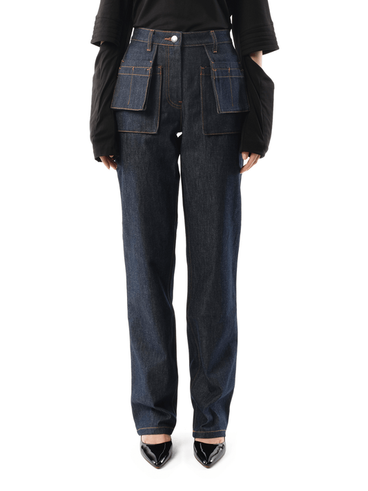 Image of a model wearing Denim. Productname: HELMUT LANG Utility Jeans in NAVY colour by brand - HELMUT LANG