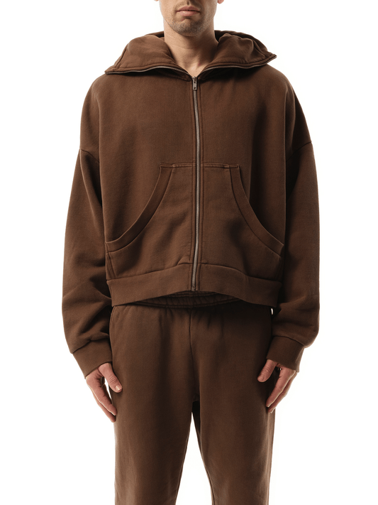 Image of a model wearing Outerwear. Productname: ENTIRE STUDIOS Full Zip Hoodie in BROWN colour by brand - ENTIRE STUDIOS