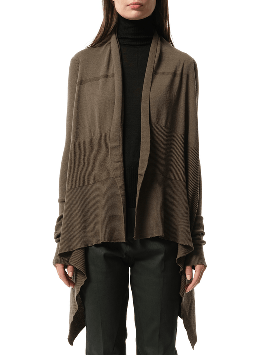 Image of a model wearing Outerwear. Productname: RICK OWENS Medium Wrap Cardigan in BROWN colour by brand - RICK OWENS