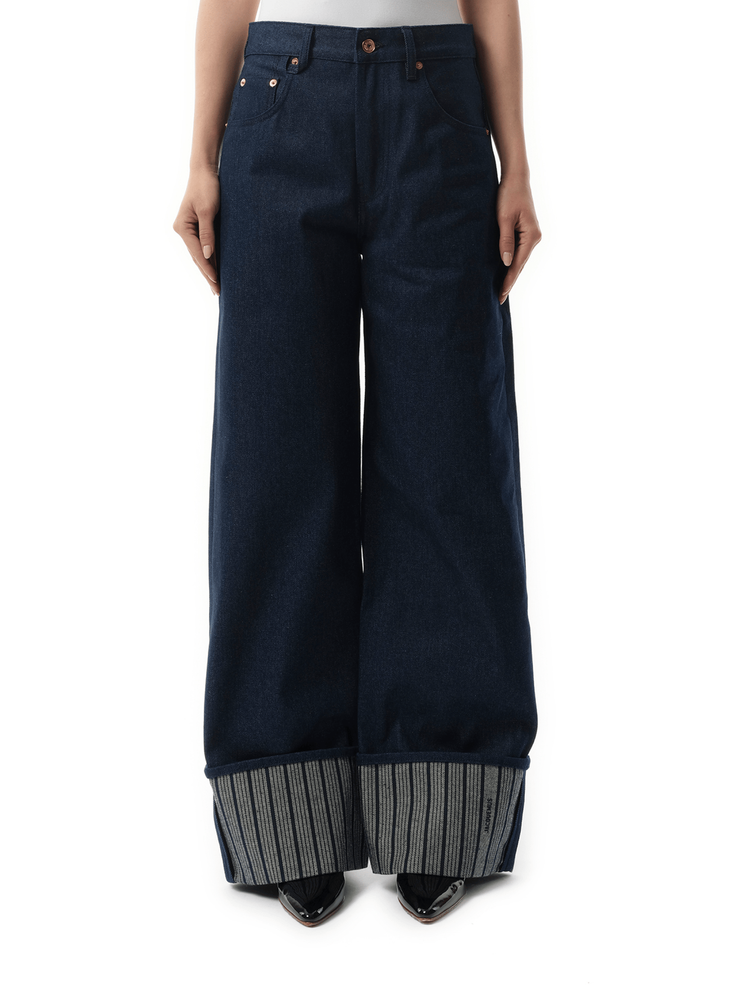 Image of a model wearing Denim. Productname: JACQUEMUS Le De-Nimes Large in NAVY colour by brand - JACQUEMUS